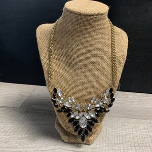 Gold Tone Black Clear Crystal Statement Bib Necklace 20 Inch Adjustable Chain